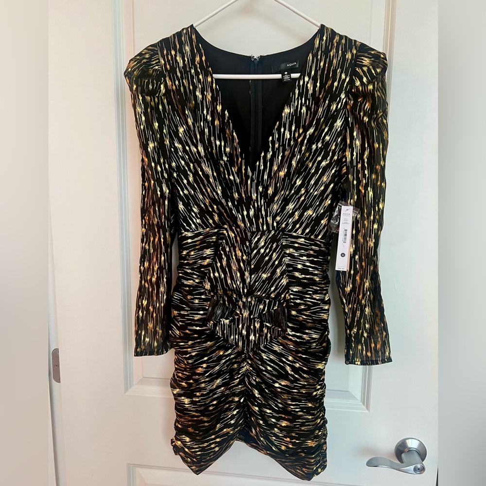 Aqua Metallic Jacquard Puff Long Sleeve V-Neck Mini Dress - black & gold - S